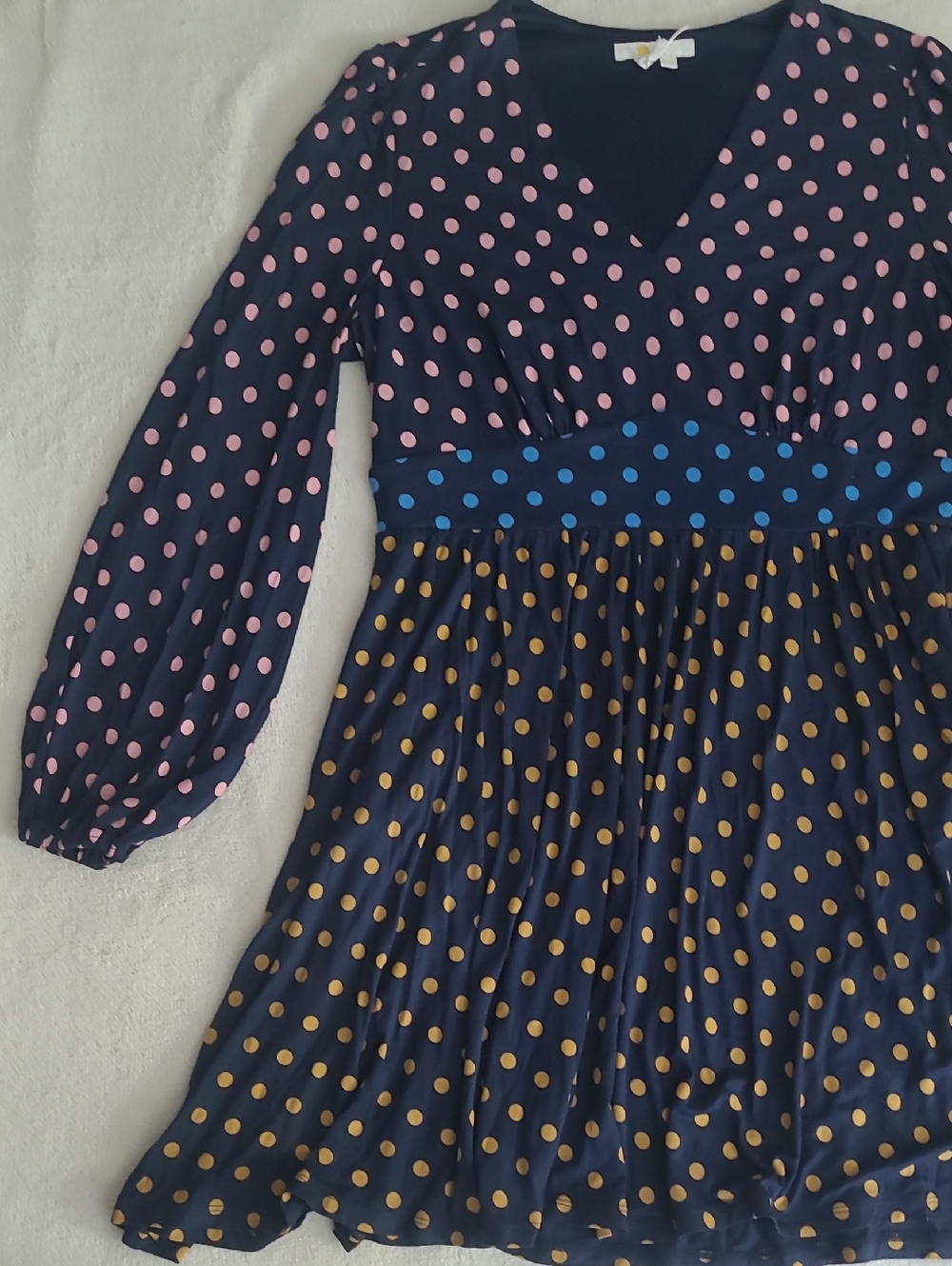 Boden Dress Female US 12 Navy Polka Dot Long Sleeve Empire Midi NWT Cottagecore - Picture 4 of 14